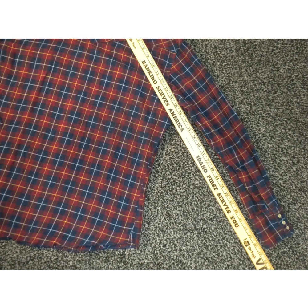 Wrangler Shirt Mens L Red Blue Plaid Pearl Snap Flannel Yoke Raw Hem Western - Picture 8 of 8